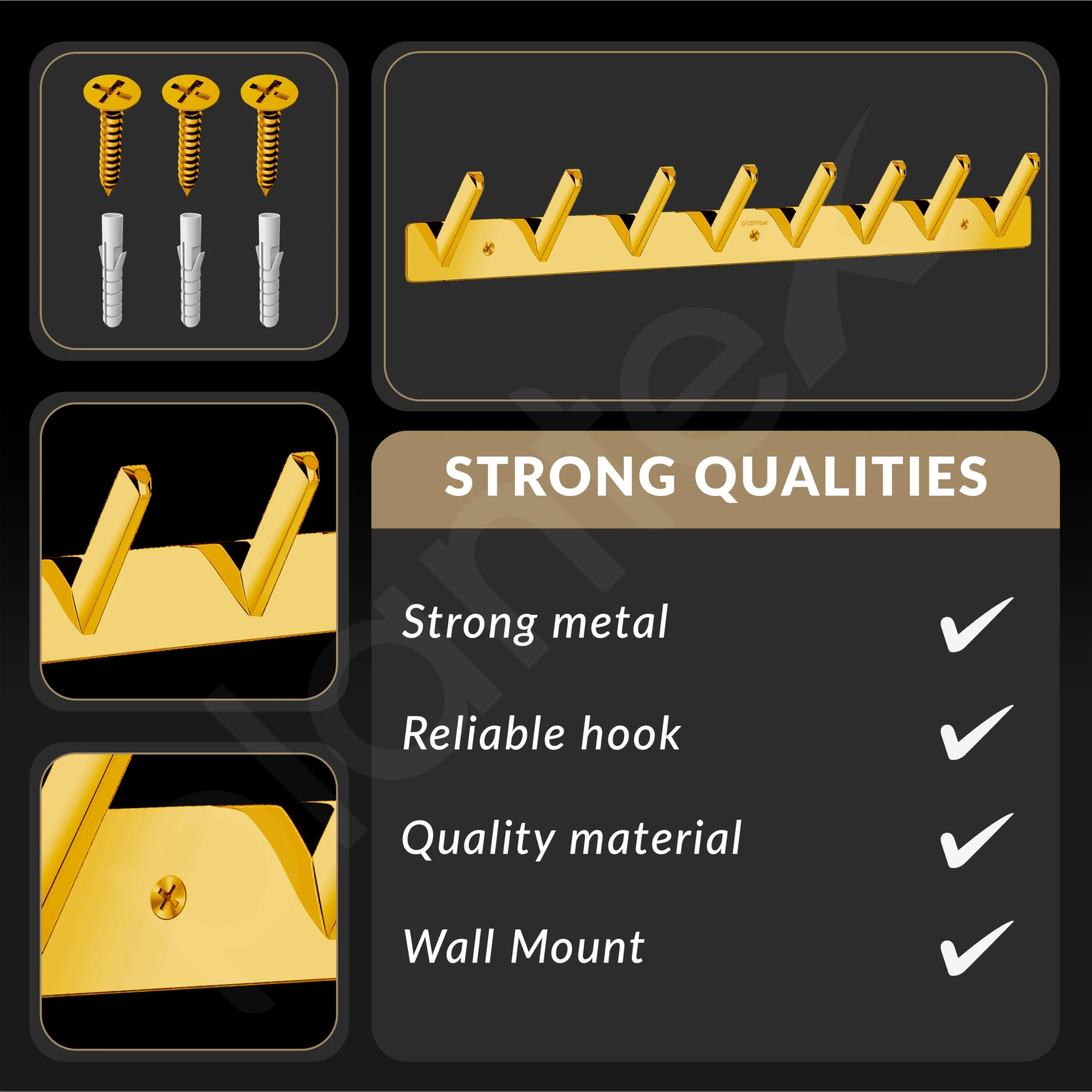 Plantex Wall Hooks for Hanging Cloth/Stainless Steel Towel Hangers/Bathroom Robe Hooks/Door Hangers/Square Wall Hook/Hook Rail for Hanging Keys - 8 Hooks (Pack of 1, PVD Gold) - Image 6