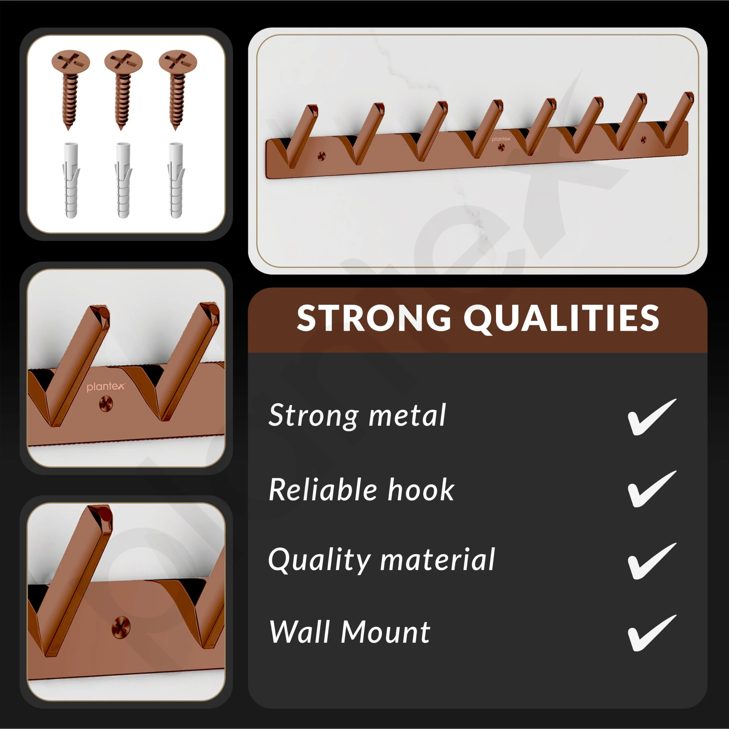 Plantex Wall Hooks for Hanging Cloth/Stainless Steel Towel Hangers/Bathroom Robe Hooks/Door Hangers/Square Wall Hook/Hook Rail for Hanging Keys - 8 Hooks (Pack of 3, PVD Rose Gold) - Image 6