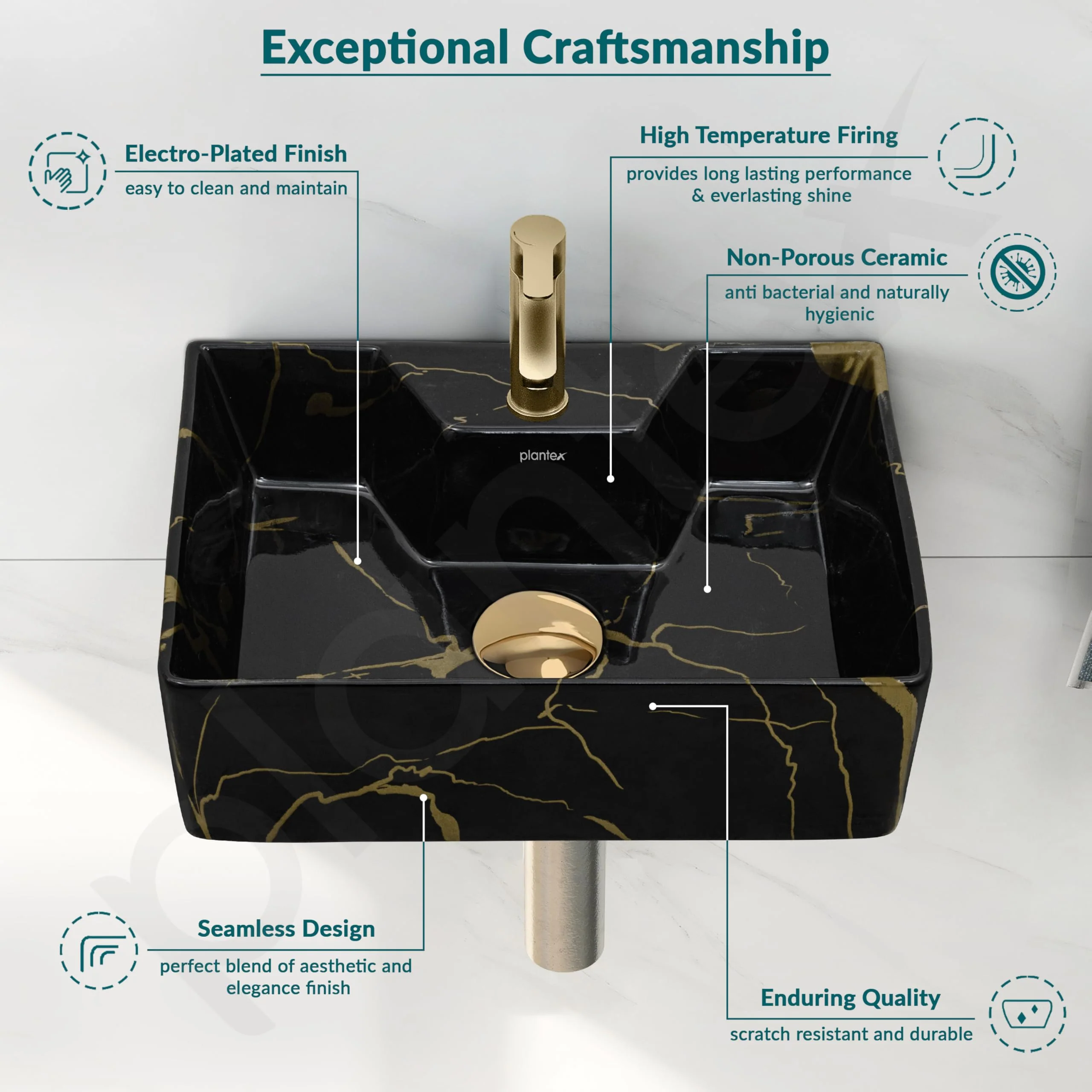 Plantex Wall Hung Basin for Bathroom/Ceramic Square Countertop Basin/Bathroom Sink/Black Washbasin for Home/Hotel (16x12.5x5 Inch) - Image 5