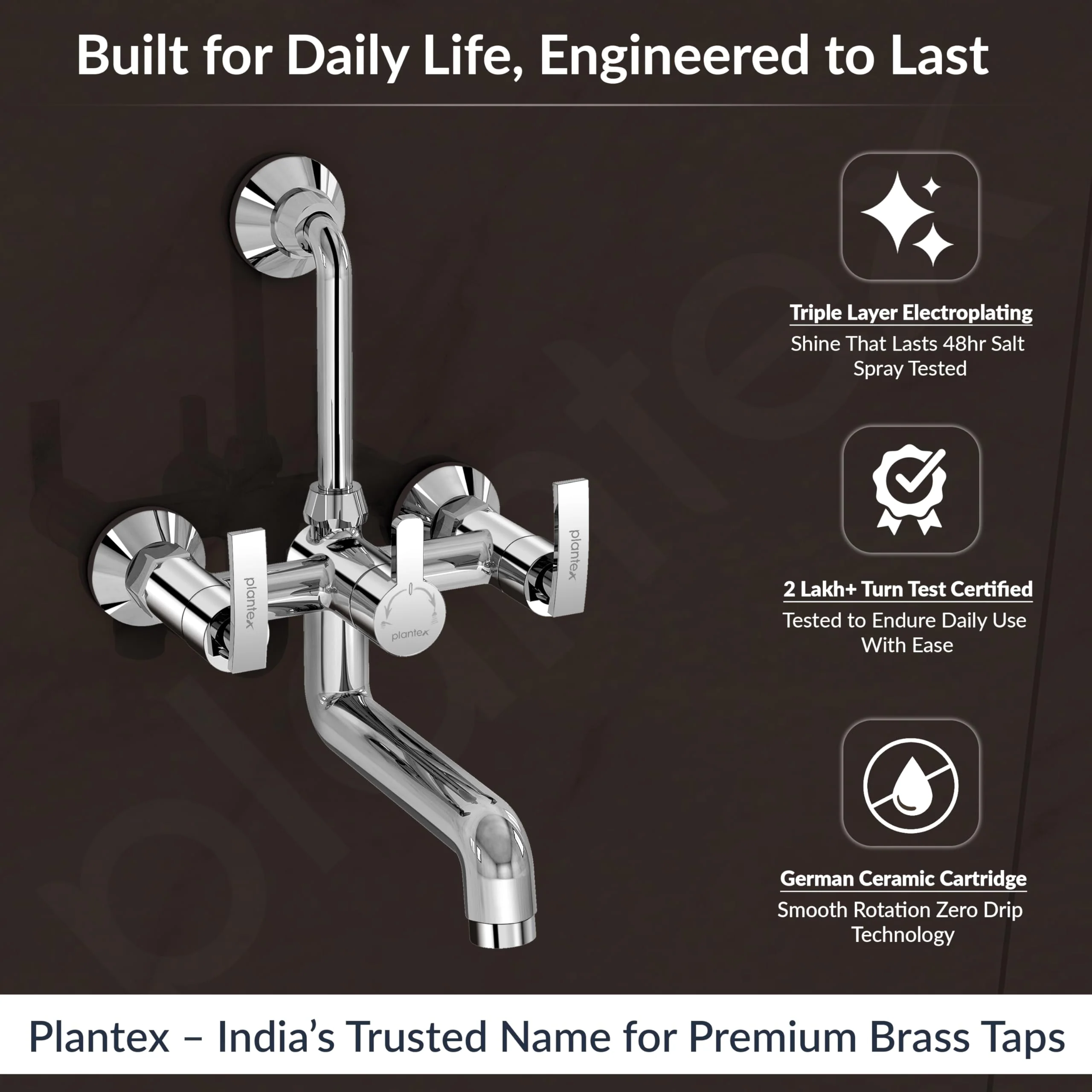 Plantex Wall Mixer for Bathroom 2 in 1 with L-Bend Provision for Overhead Shower/Pure Brass Mixer Tap for Bathroom with Water Saving Nozzle Tap- Pack of 1 (Col-1018-Chrome) - Image 2