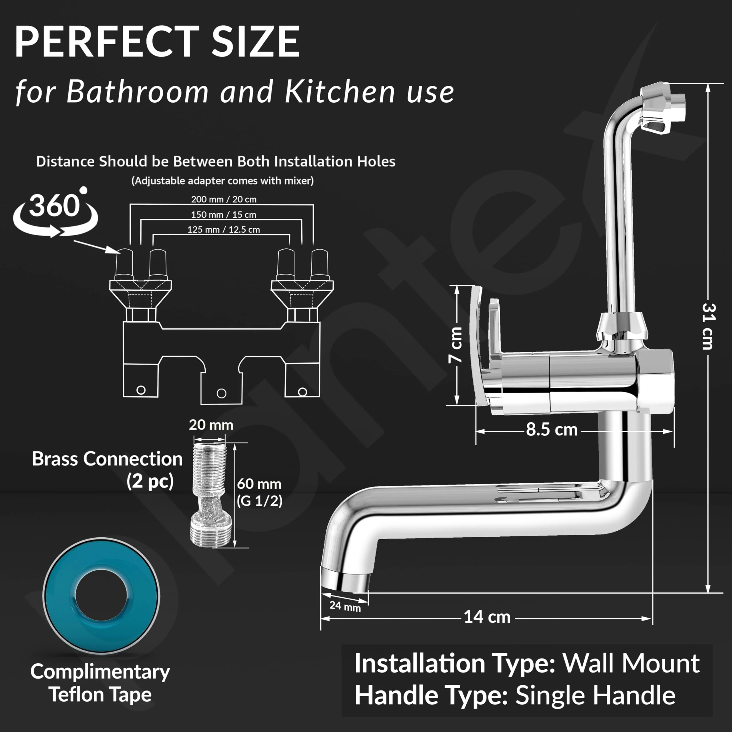 Plantex Wall Mixer for Bathroom 2 in 1 with L-Bend Provision for Overhead Shower/Pure Brass Mixer Tap for Bathroom with Water Saving Nozzle Tap- Pack of 1 (Col-1018-Chrome) - Image 4