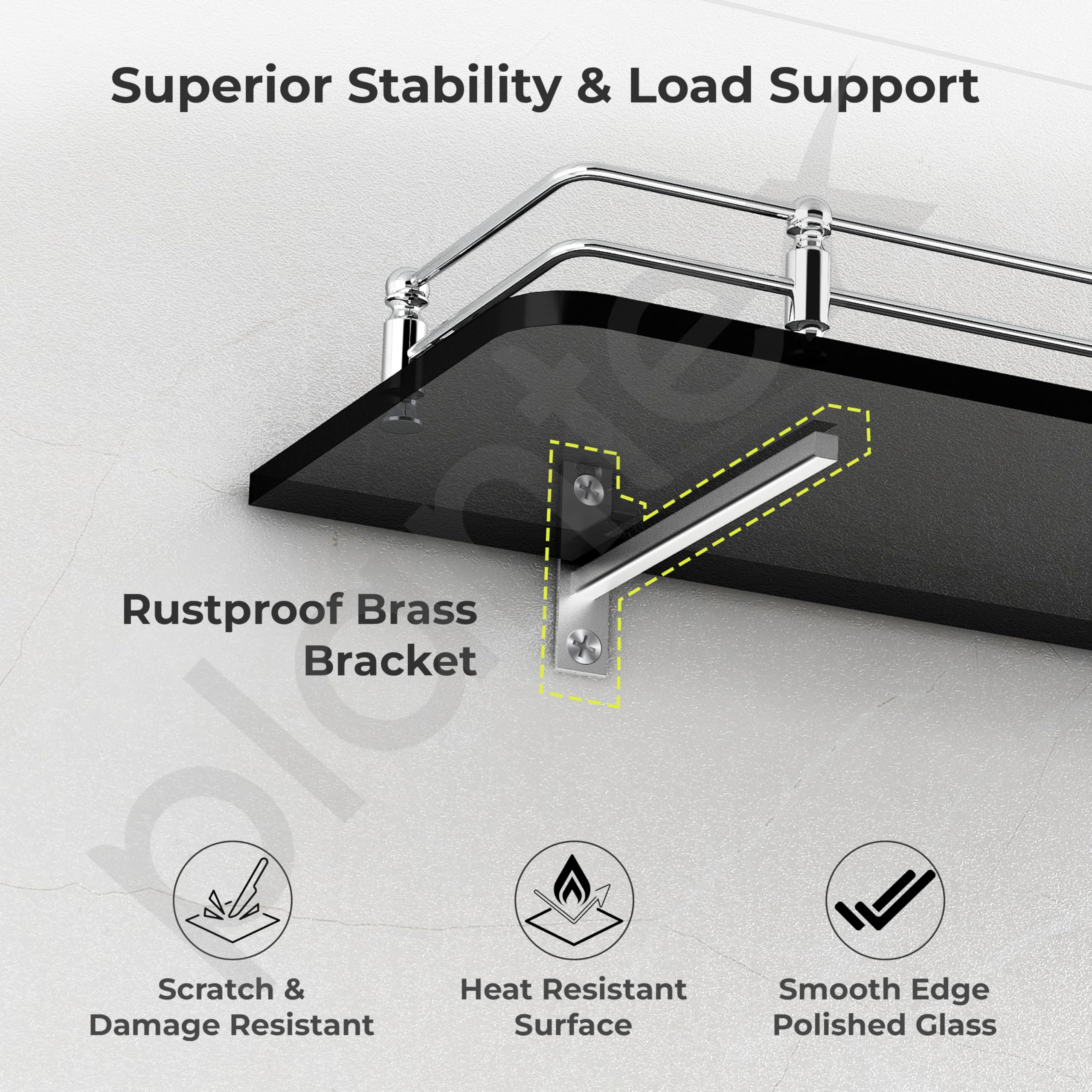 Plantex Wall Mount Glass Shelf for Bathroom/Shelves for Kitchen/Black Glass Shelf, Polished (15x6 Inches - Pack of 3) - Image 3