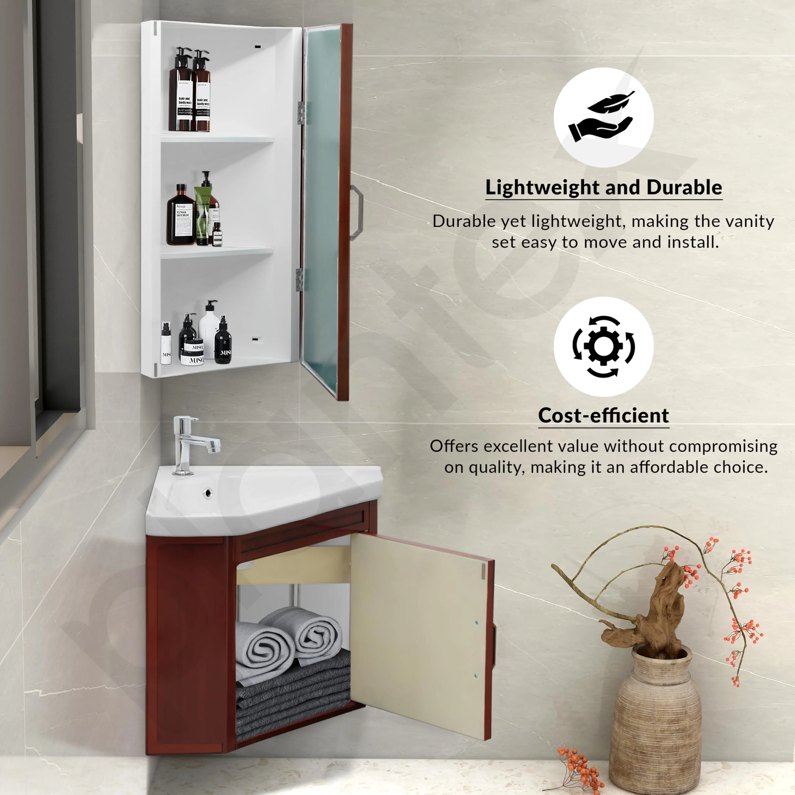 Plantex Wall Mount Vanity Cabinet with Washbasin and Mirror/Corner Wash Basin with Unbrekable Cabinet Full Set for Bathroom (461 - Brown) - Image 7