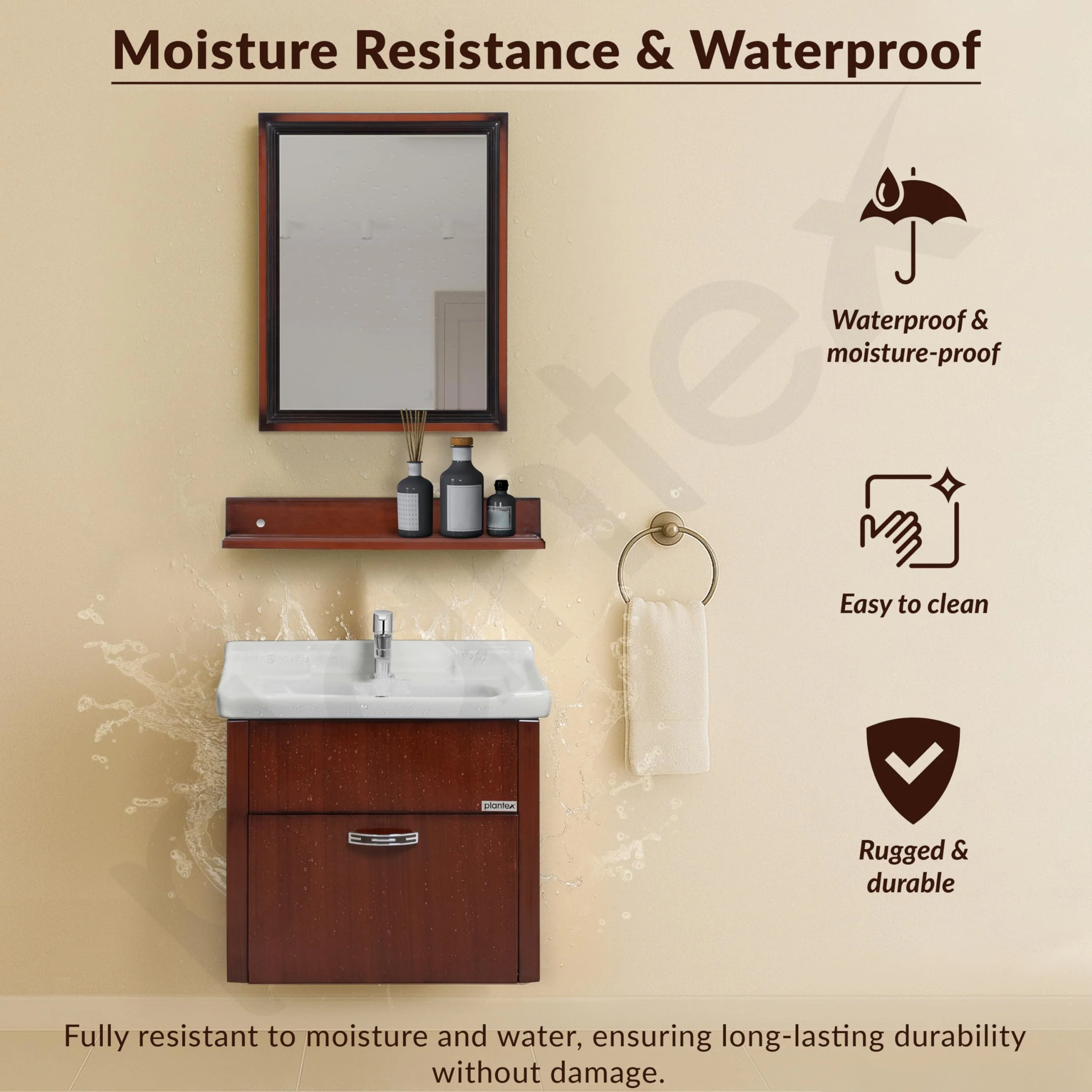 Plantex Wall Mount Vanity Cabinet with Washbasin and Mirror/Unbrekable Bathroom Organizer/Washbasin with Cabinet (Brown) - Image 2