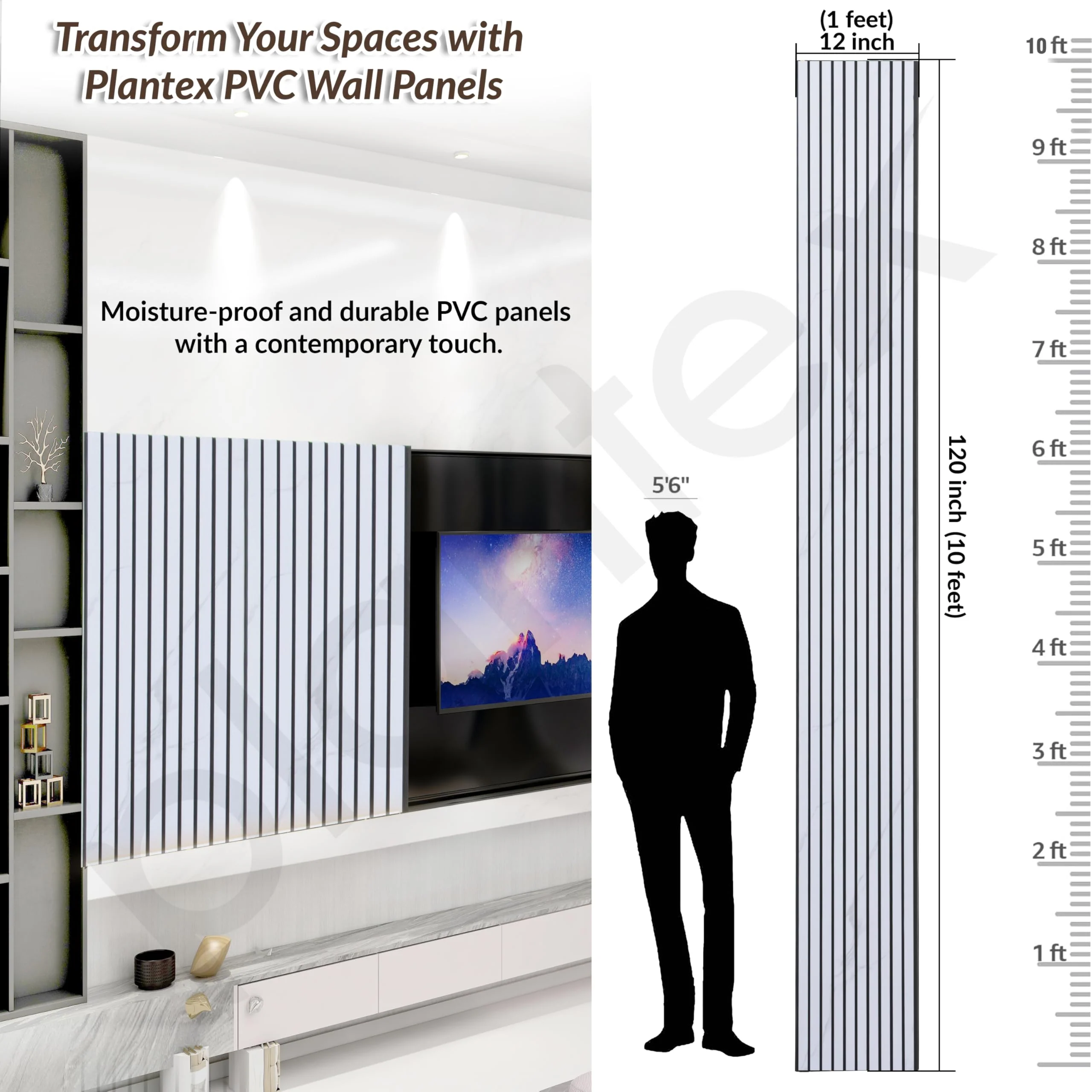 Plantex Wall Panel/PVC Louver Panel for Wall with Size - 12 Inch x 10 Ft/Durable, Lightweight, and Stylish Panels for Office/Hotel/Ideal for Walls & Ceilings - Pack of 1 (White and Black, 5030) - Image 2