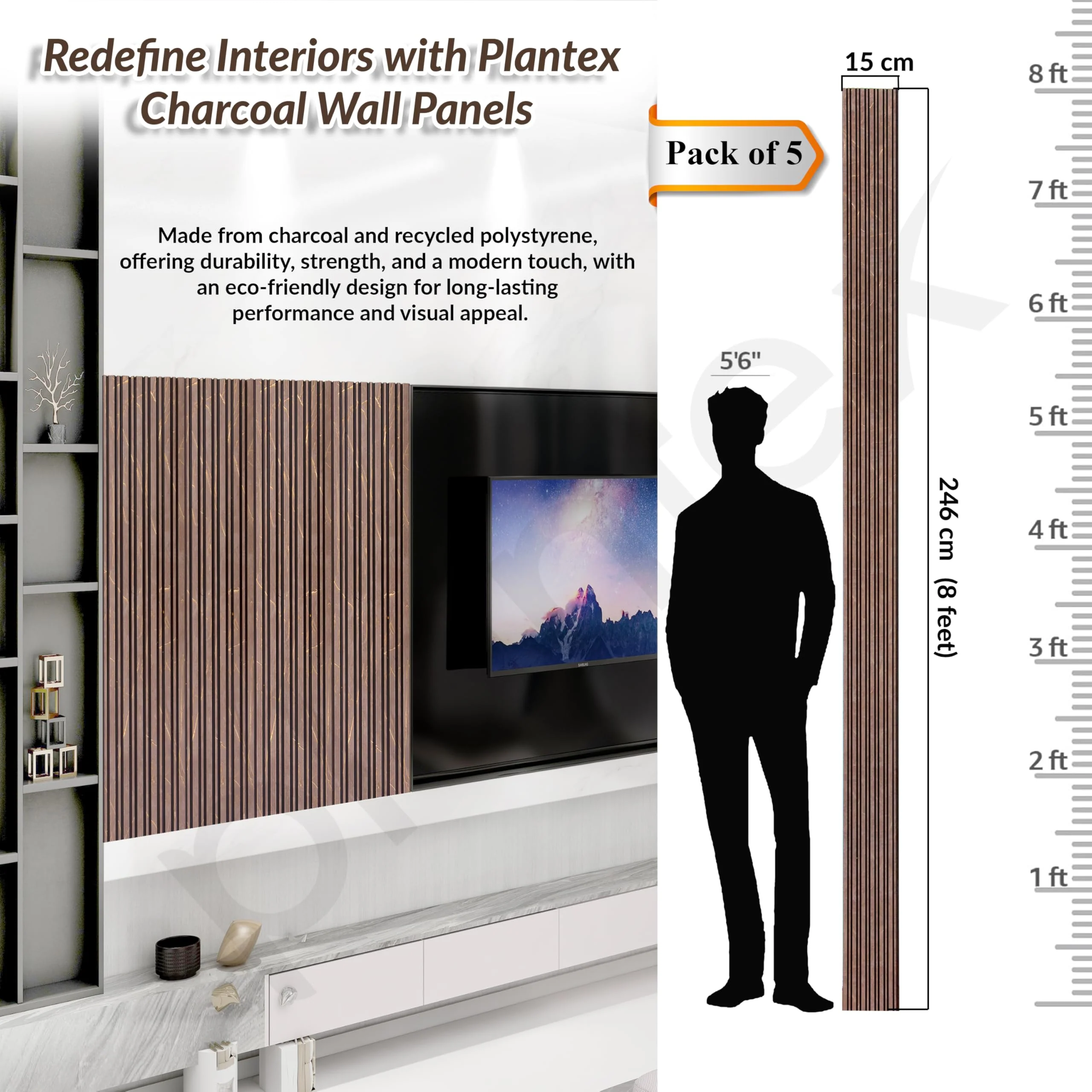 Plantex Wall Panels/Louvers Panel for Wall 8 Feet/Charcoal Panel for Interior Wall Décor/3D Wall Panel - Pack of 5 Covers - 20 Sq. Ft, Size-5 Inch x 8 Feet (Brown Marble) - Image 2