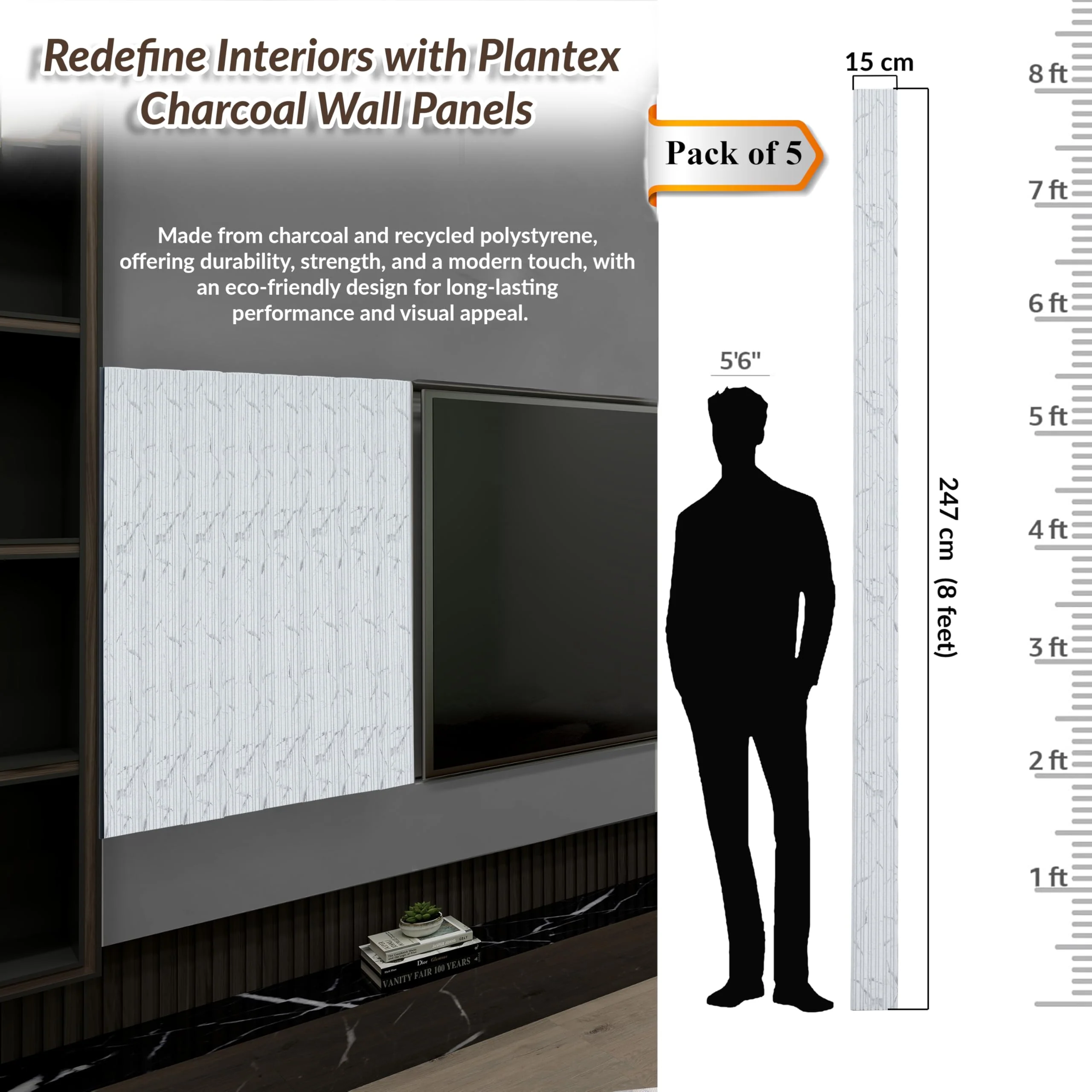 Plantex Wall Panels/Louvers Panel for Wall 8 Feet/Charcoal Panel for Interior Wall Décor/3D Wall Panel - Pack of 5 Covers - 20 Sq. Ft, Size-5 Inch x 8 Feet (White Marble) - Image 2