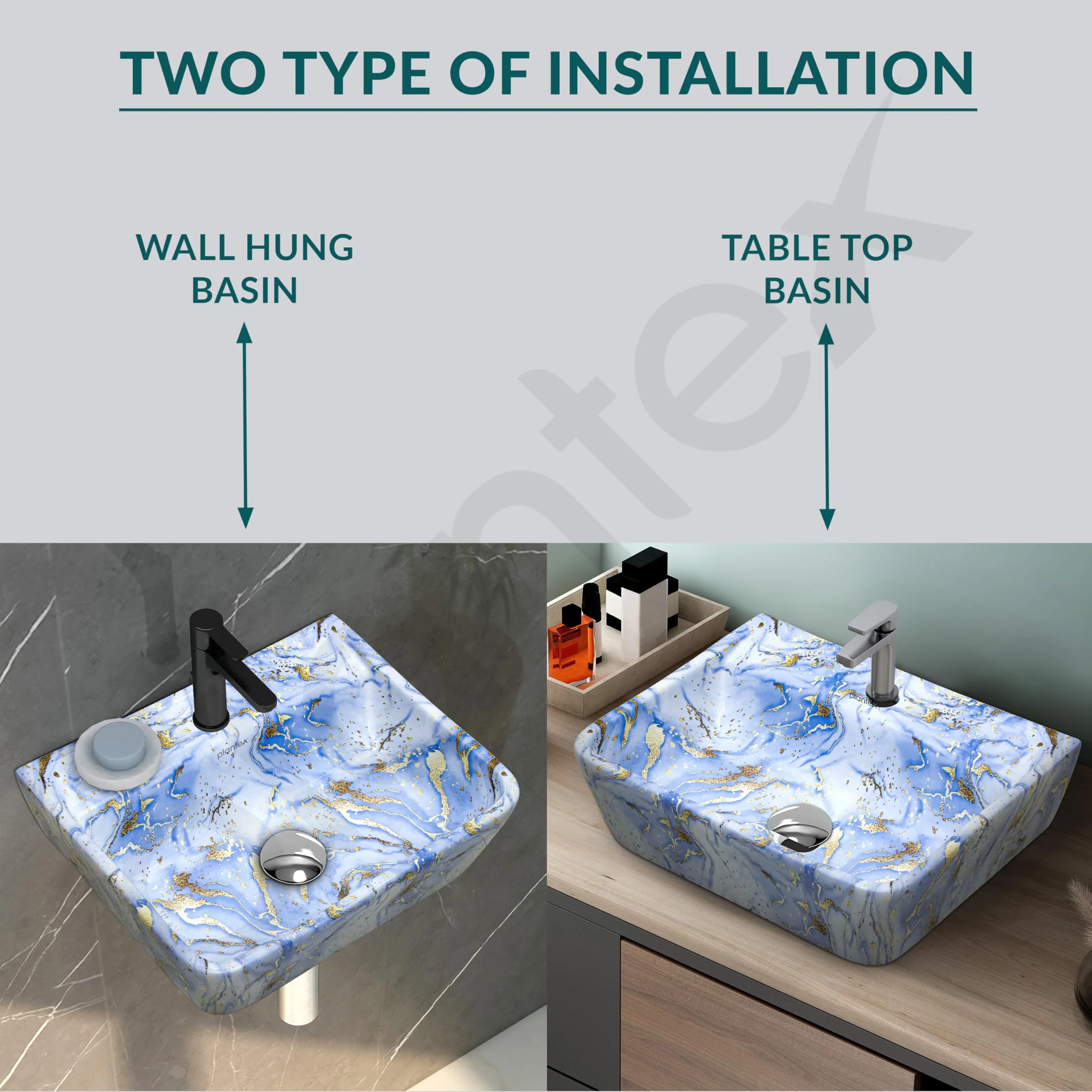 Plantex Wallmount Basin for Bathroom/Designer Ceramic Wall Hung Hand Wash Basin/Rectangle Countertop Wash Basin/Home/Office (Blue - 17.5 x 14 x 5 Inch) - Image 2