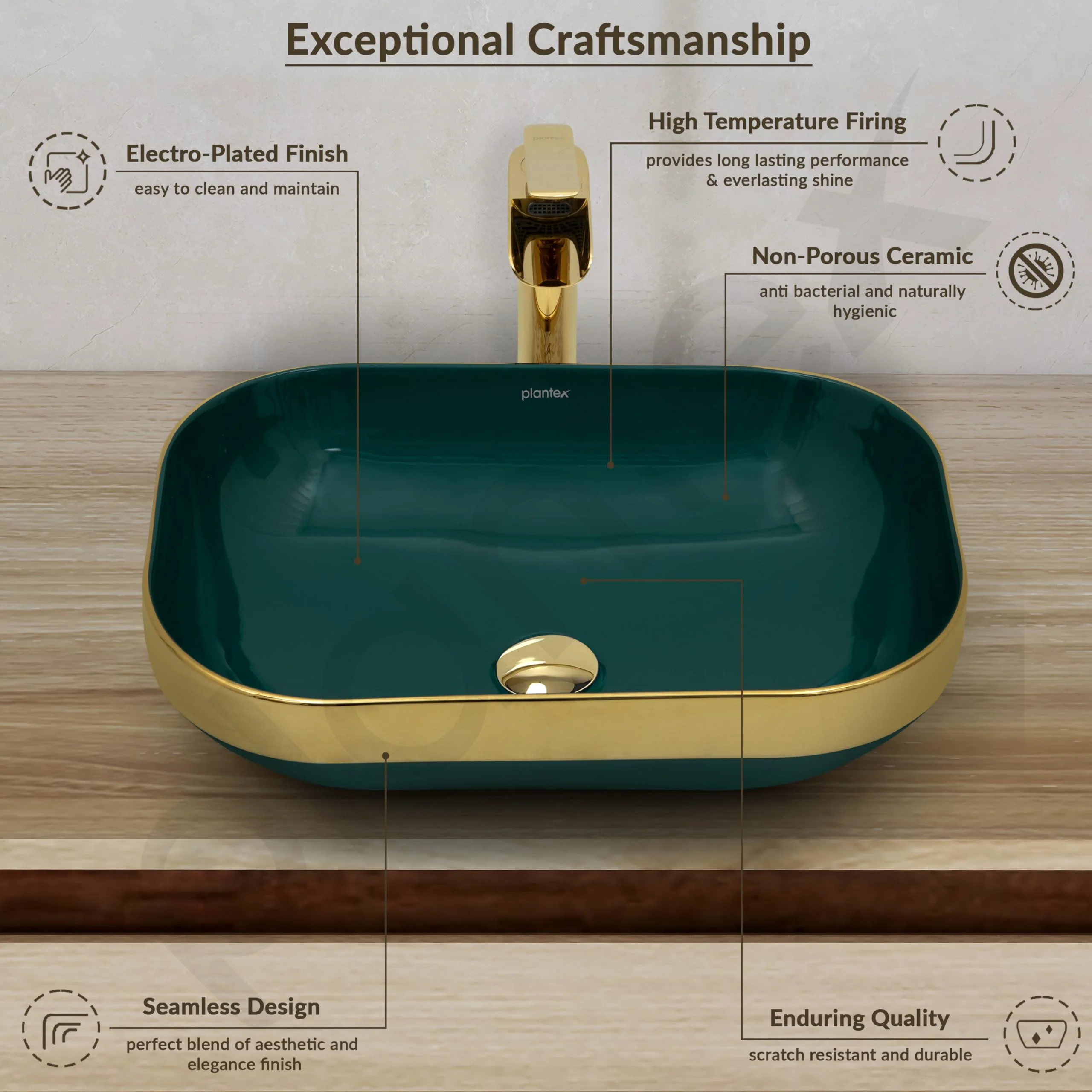 Plantex Wash Basin/Ceramic Table Top Wash Basin/Countertop Basin for Bathroom/Restaurants/Hotel – Rectangular Green & Gold - 20 x 14 x 6 Inch) - Image 3