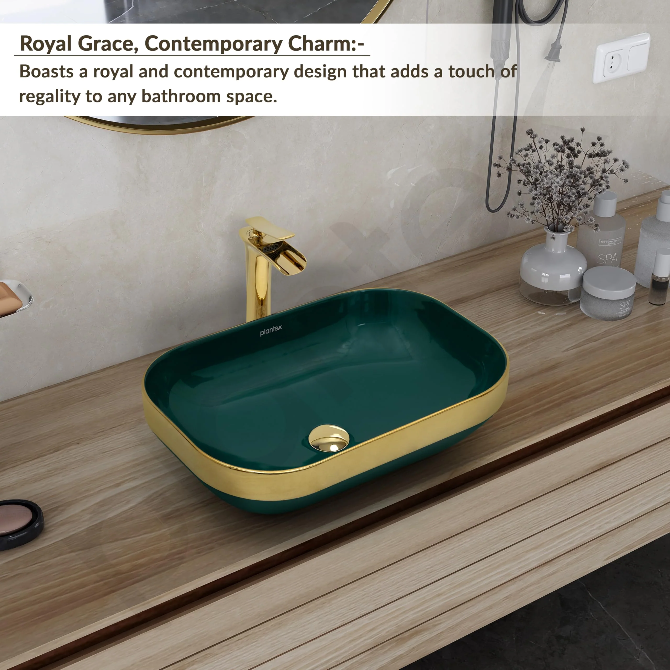 Plantex Wash Basin/Ceramic Table Top Wash Basin/Countertop Basin for Bathroom/Restaurants/Hotel – Rectangular Green & Gold - 20 x 14 x 6 Inch) - Image 4