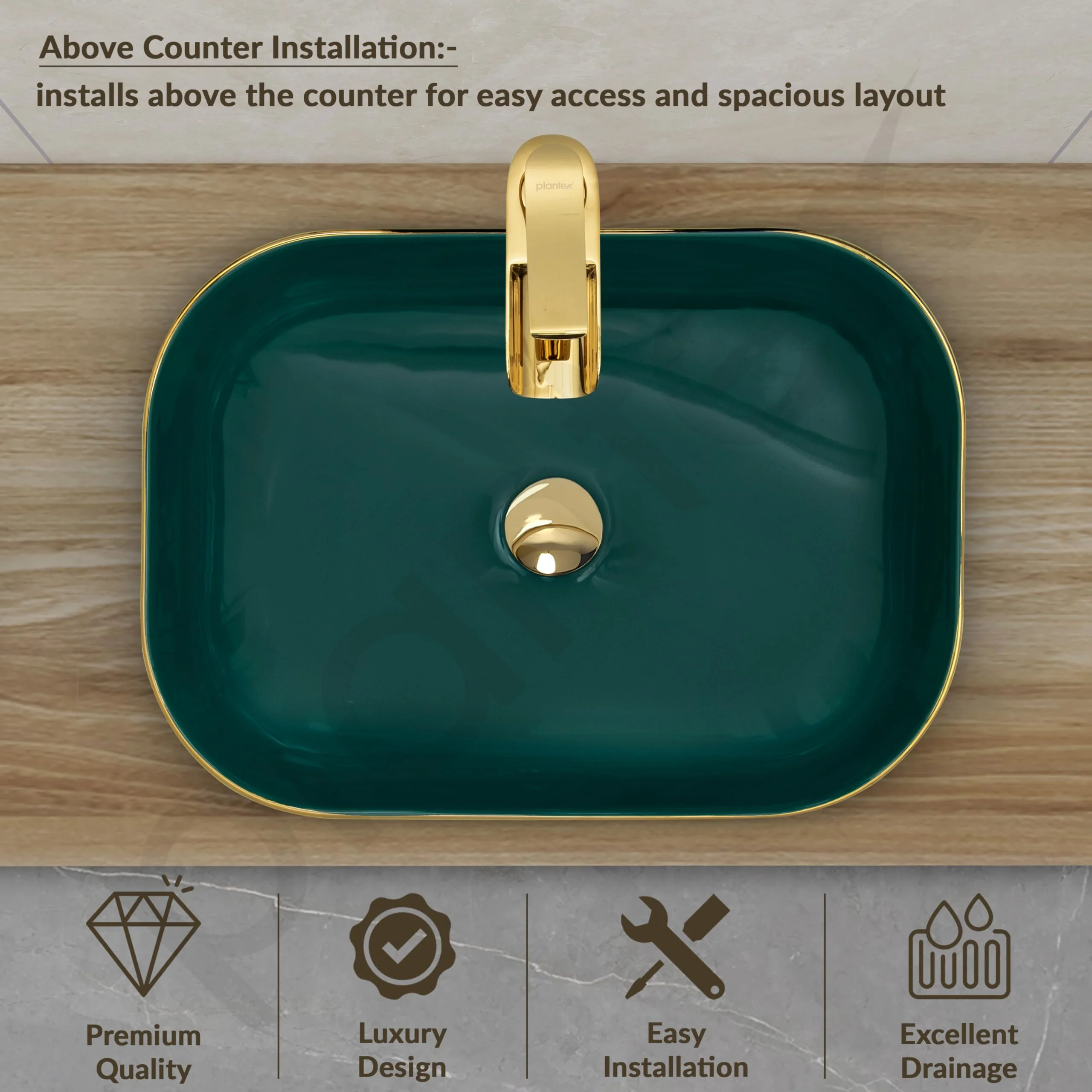 Plantex Wash Basin/Ceramic Table Top Wash Basin/Countertop Basin for Bathroom/Restaurants/Hotel – Rectangular Green & Gold - 20 x 14 x 6 Inch) - Image 5