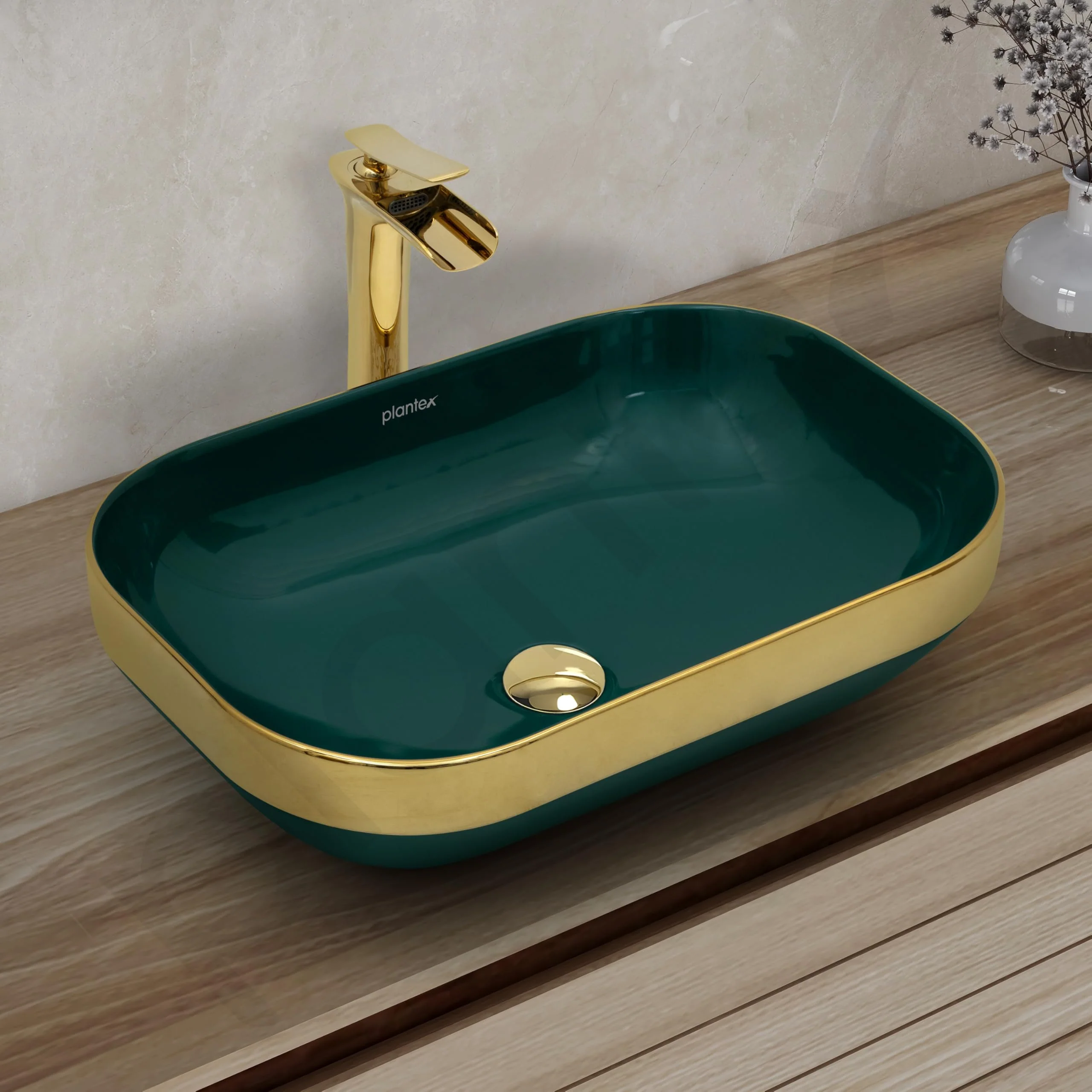 Plantex Wash Basin/Ceramic Table Top Wash Basin/Countertop Basin for Bathroom/Restaurants/Hotel – Rectangular Green & Gold - 20 x 14 x 6 Inch) - Image 6