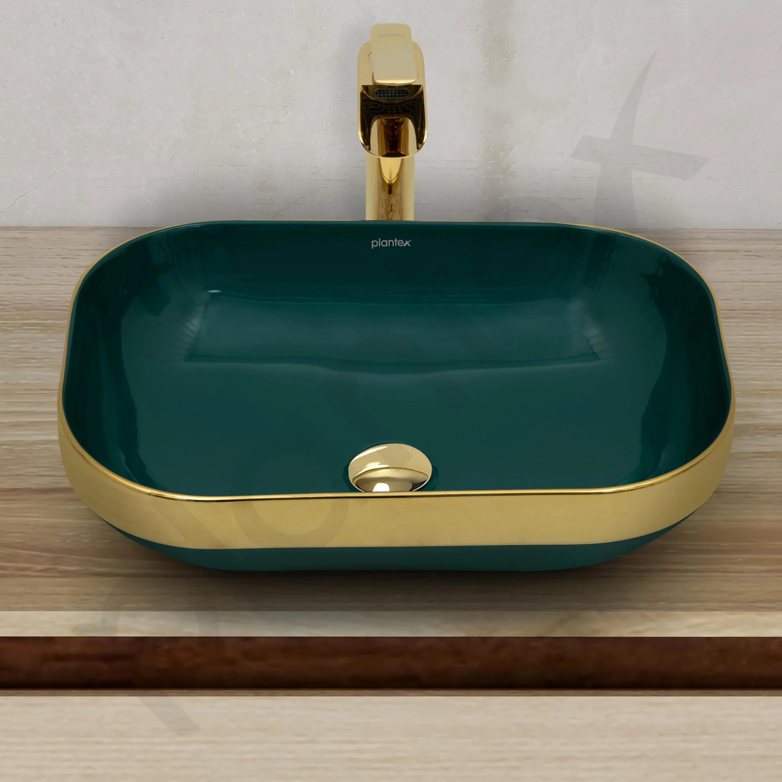 Plantex Wash Basin/Ceramic Table Top Wash Basin/Countertop Basin for Bathroom/Restaurants/Hotel – Rectangular Green & Gold - 20 x 14 x 6 Inch) - Image 7