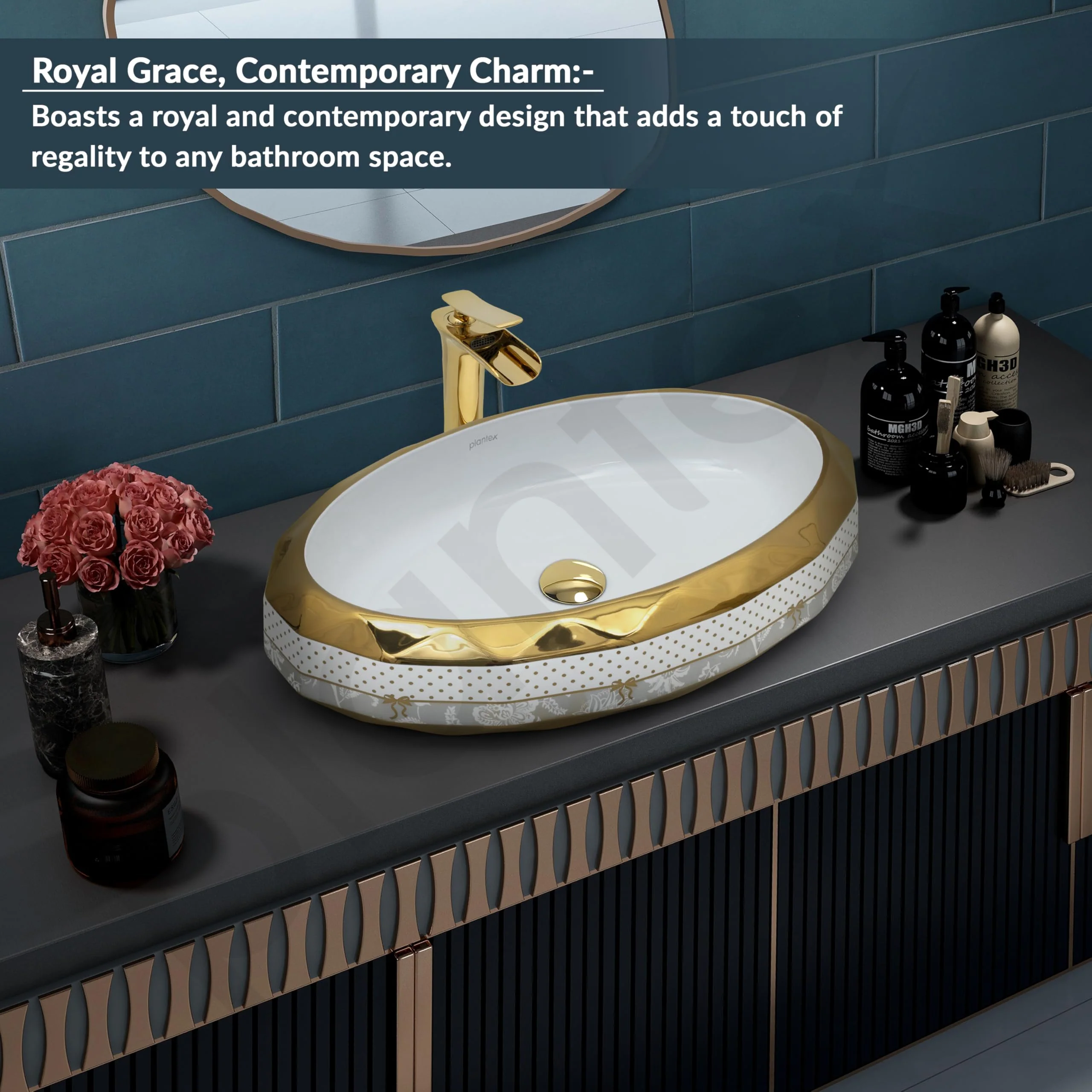 Plantex Wash Basin/Ceramic Table Top Wash Basin/Designer Countertop Basin for Bathroom/Restaurants/Hotel – Oval (White & Gold - 23 x 16 x 5 Inch) - Image 4