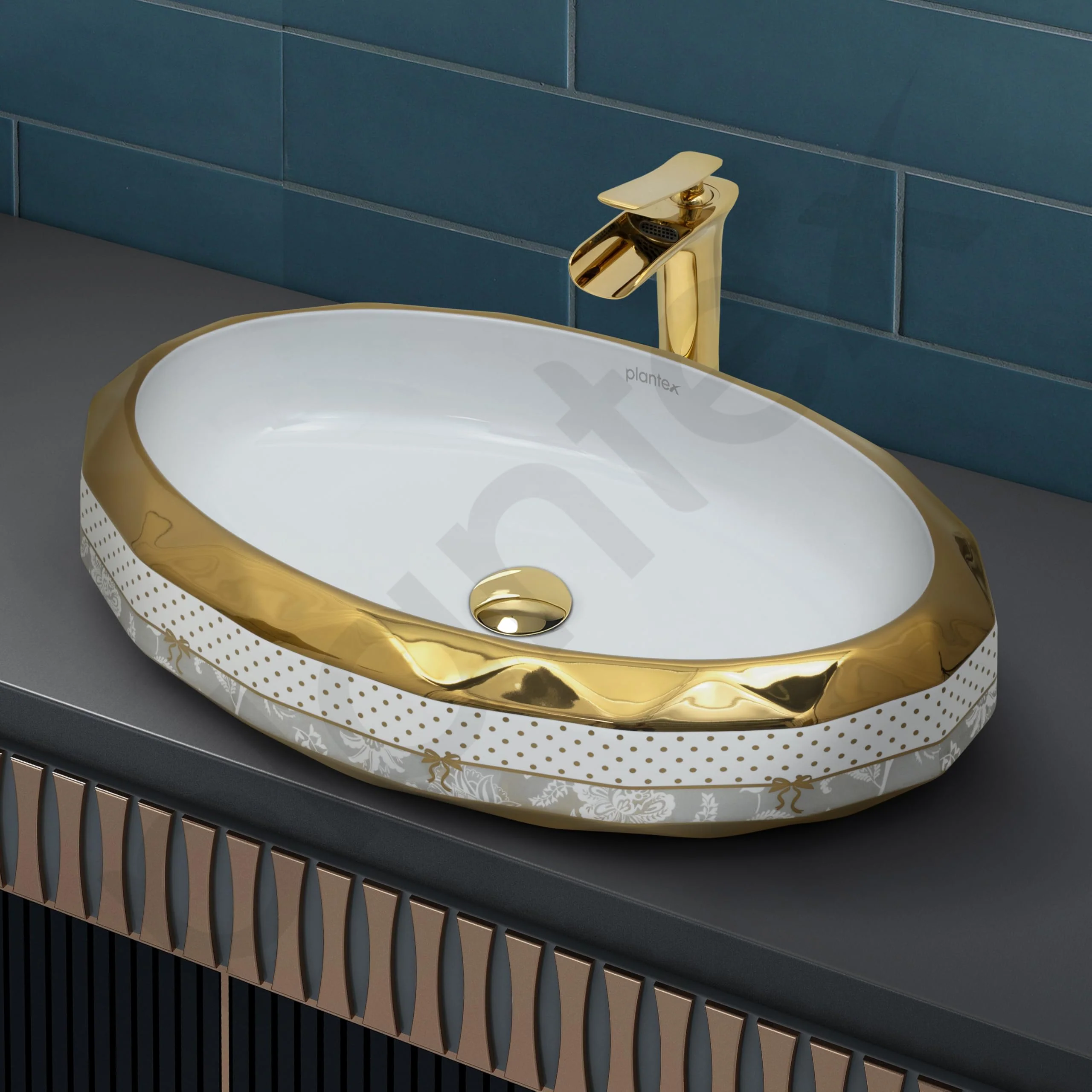 Plantex Wash Basin/Ceramic Table Top Wash Basin/Designer Countertop Basin for Bathroom/Restaurants/Hotel – Oval (White & Gold - 23 x 16 x 5 Inch) - Image 7