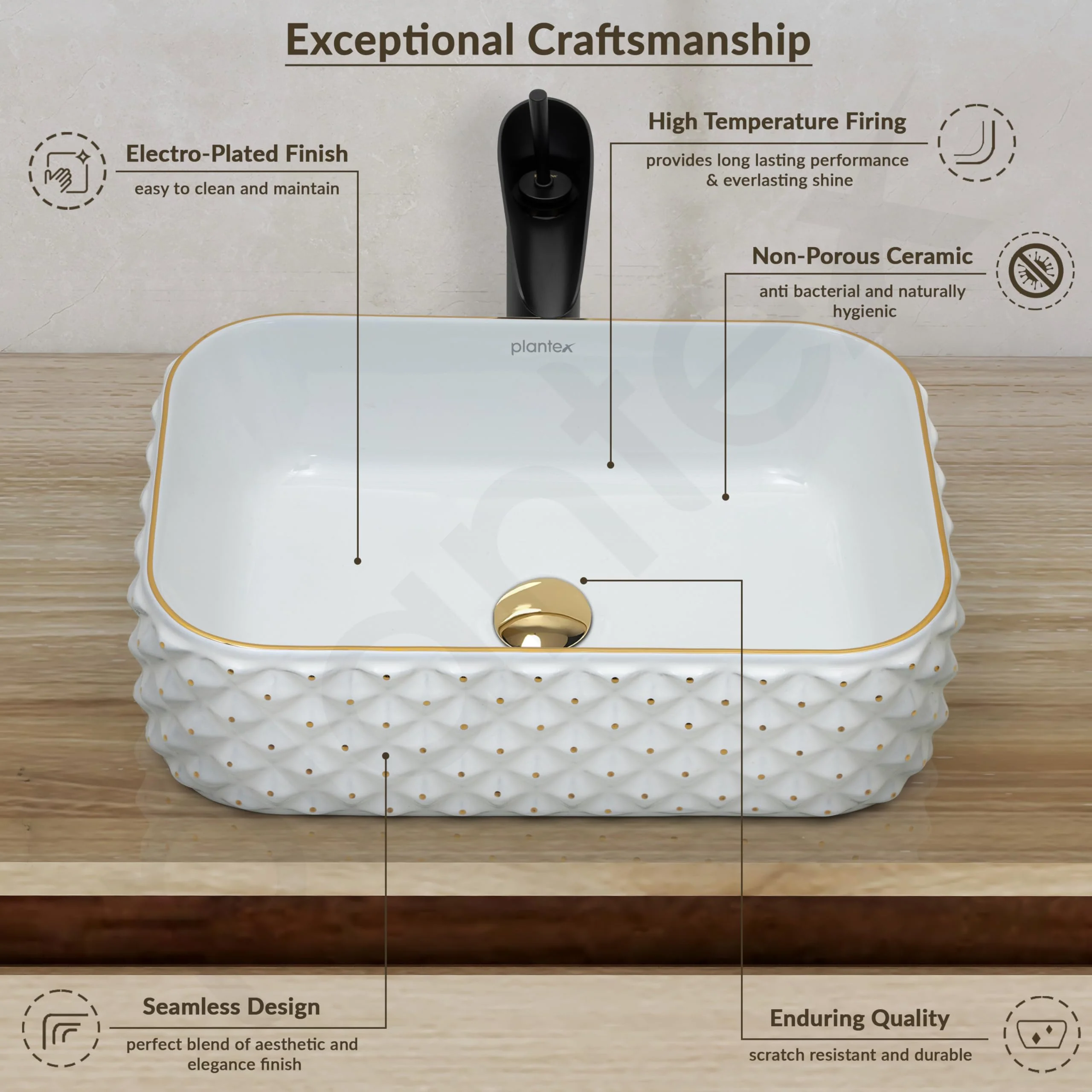 Plantex Wash Basin/Ceramic Table Top Wash Basin/Designer Countertop Basin for Bathroom/Restaurants/Hotel – Rectangular (294, White & Gold, 19 x 13 x 5 Inch) - Image 3