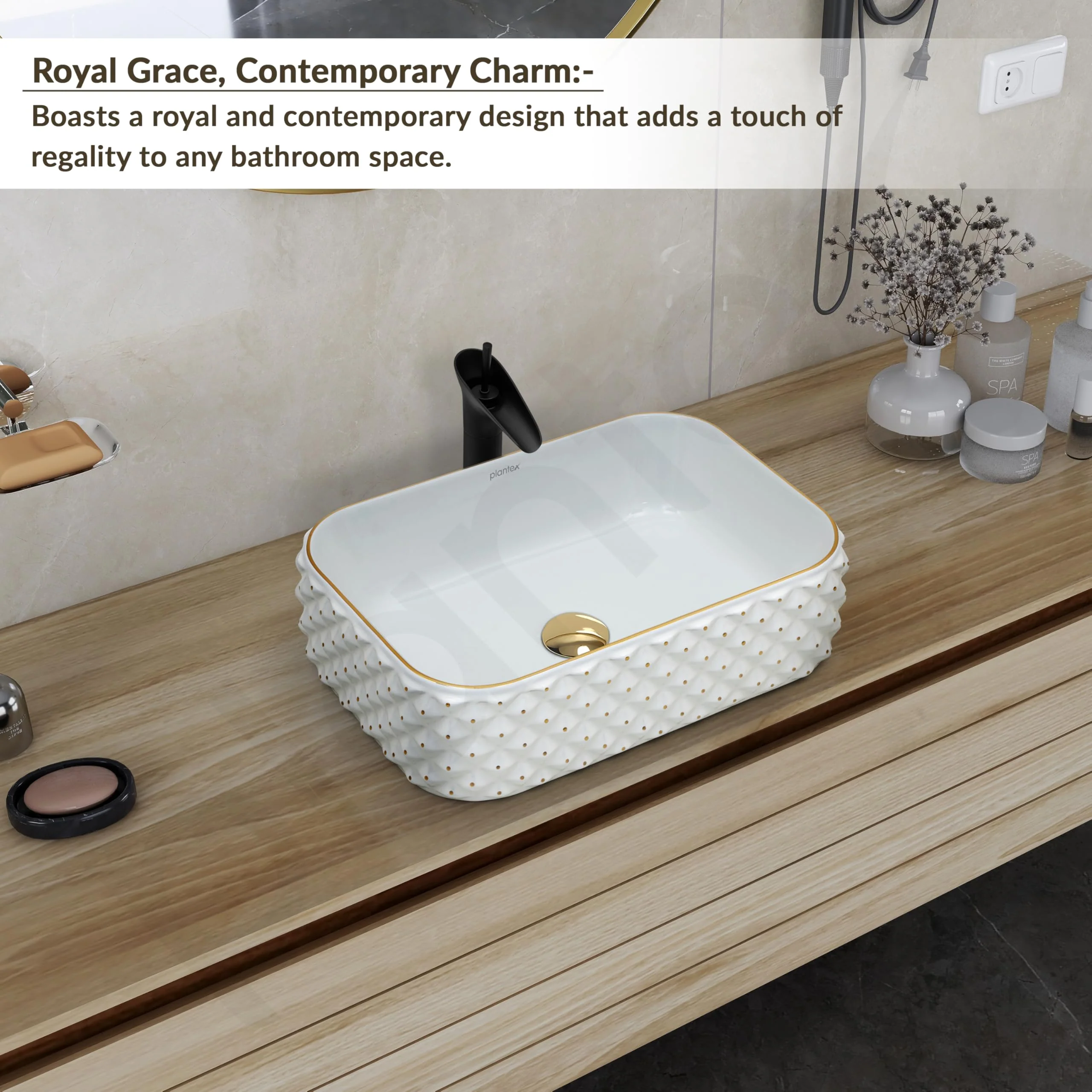 Plantex Wash Basin/Ceramic Table Top Wash Basin/Designer Countertop Basin for Bathroom/Restaurants/Hotel – Rectangular (294, White & Gold, 19 x 13 x 5 Inch) - Image 5