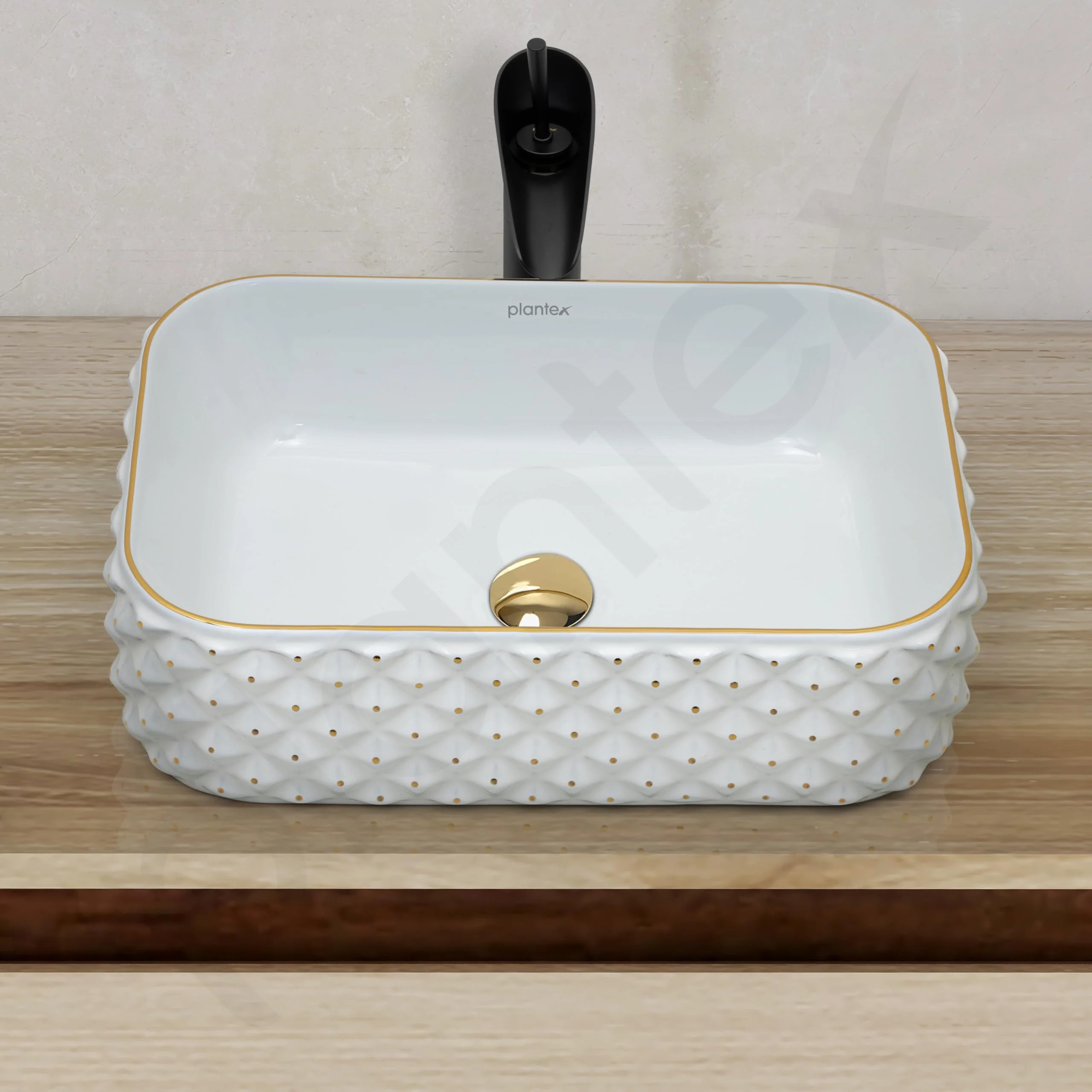 Plantex Wash Basin/Ceramic Table Top Wash Basin/Designer Countertop Basin for Bathroom/Restaurants/Hotel – Rectangular (294, White & Gold, 19 x 13 x 5 Inch) - Image 6