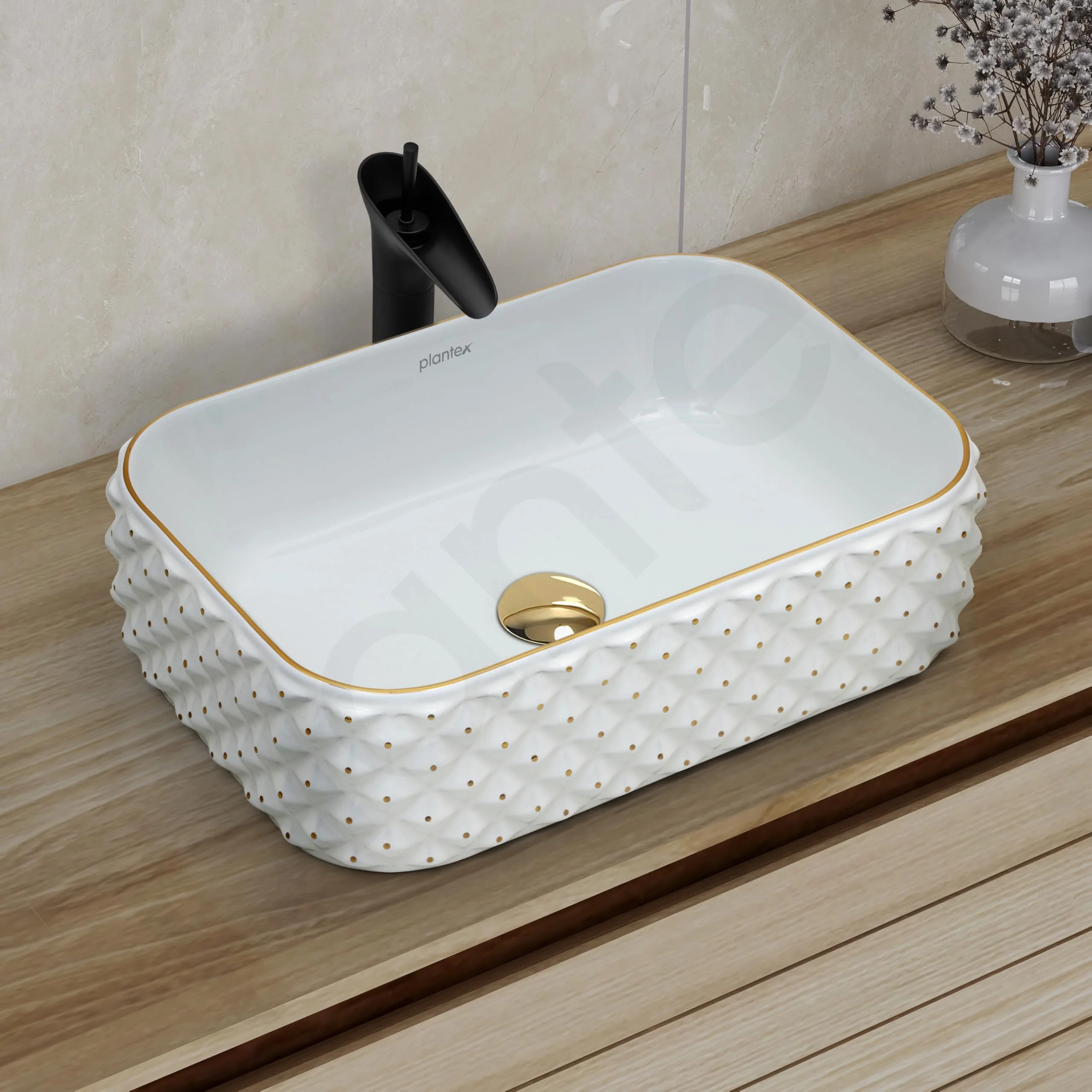 Plantex Wash Basin/Ceramic Table Top Wash Basin/Designer Countertop Basin for Bathroom/Restaurants/Hotel – Rectangular (294, White & Gold, 19 x 13 x 5 Inch) - Image 7