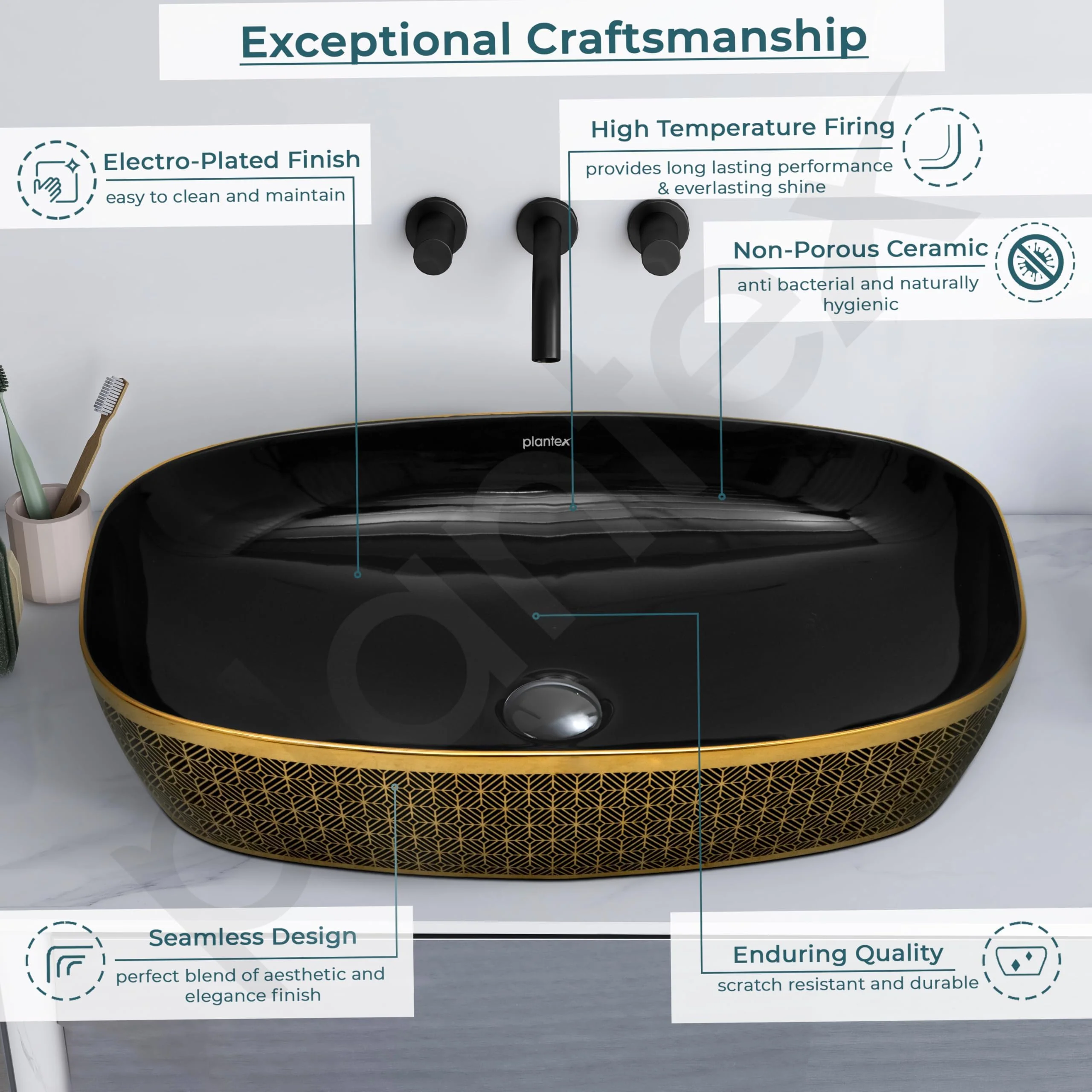 Plantex Wash Basin for Bathroom/Ceramic Counter Top Basin/Washbasin for Home/Office/Hotel - (Black & Gold - 23.5 x 15 x 5.5 Inch) - Image 4