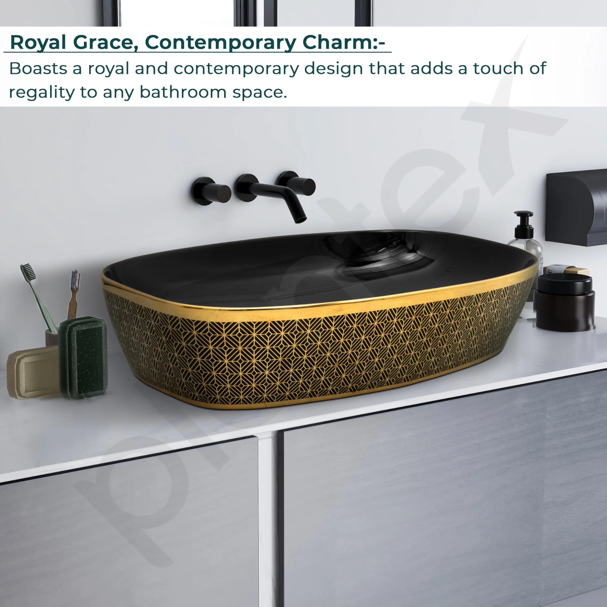Plantex Wash Basin for Bathroom/Ceramic Counter Top Basin/Washbasin for Home/Office/Hotel - (Black & Gold - 23.5 x 15 x 5.5 Inch) - Image 5