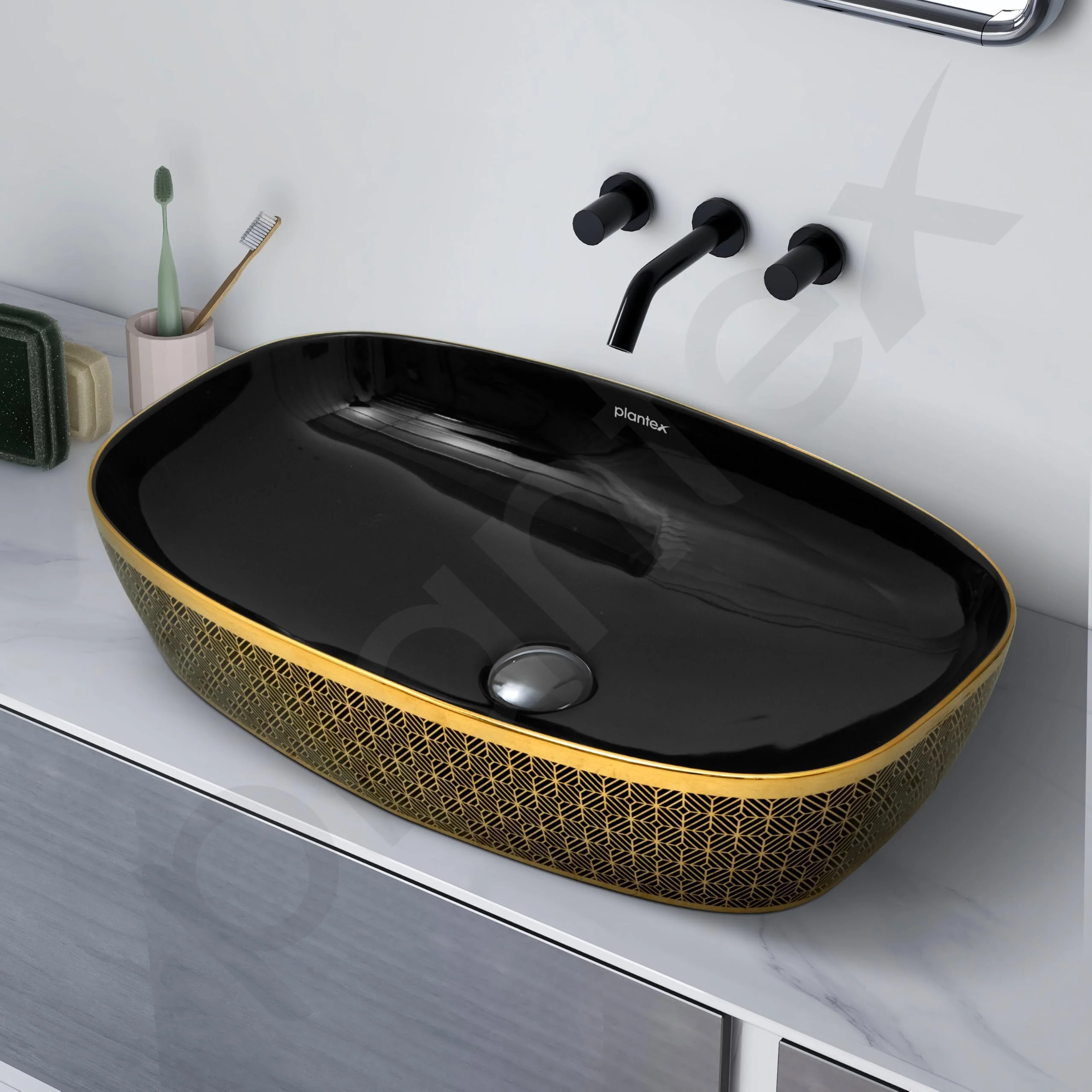 Plantex Wash Basin for Bathroom/Ceramic Counter Top Basin/Washbasin for Home/Office/Hotel - (Black & Gold - 23.5 x 15 x 5.5 Inch) - Image 6