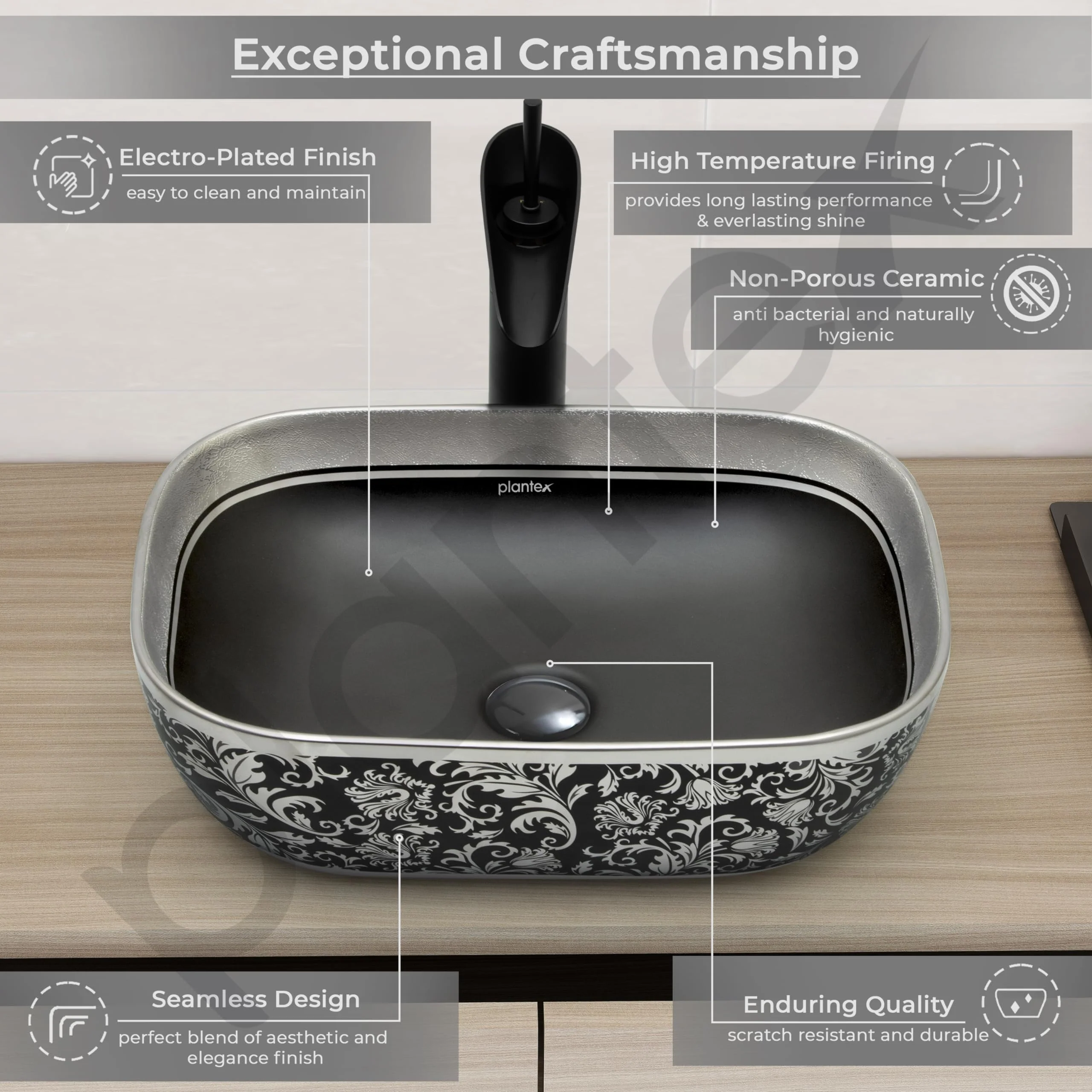 Plantex Wash Basin for Bathroom/Ceramic Table Top Washbasin/Countertop Vessel Sink Basin - Indo-European Collection (EQTT-521,18 x13x 5 Inch) - Image 3