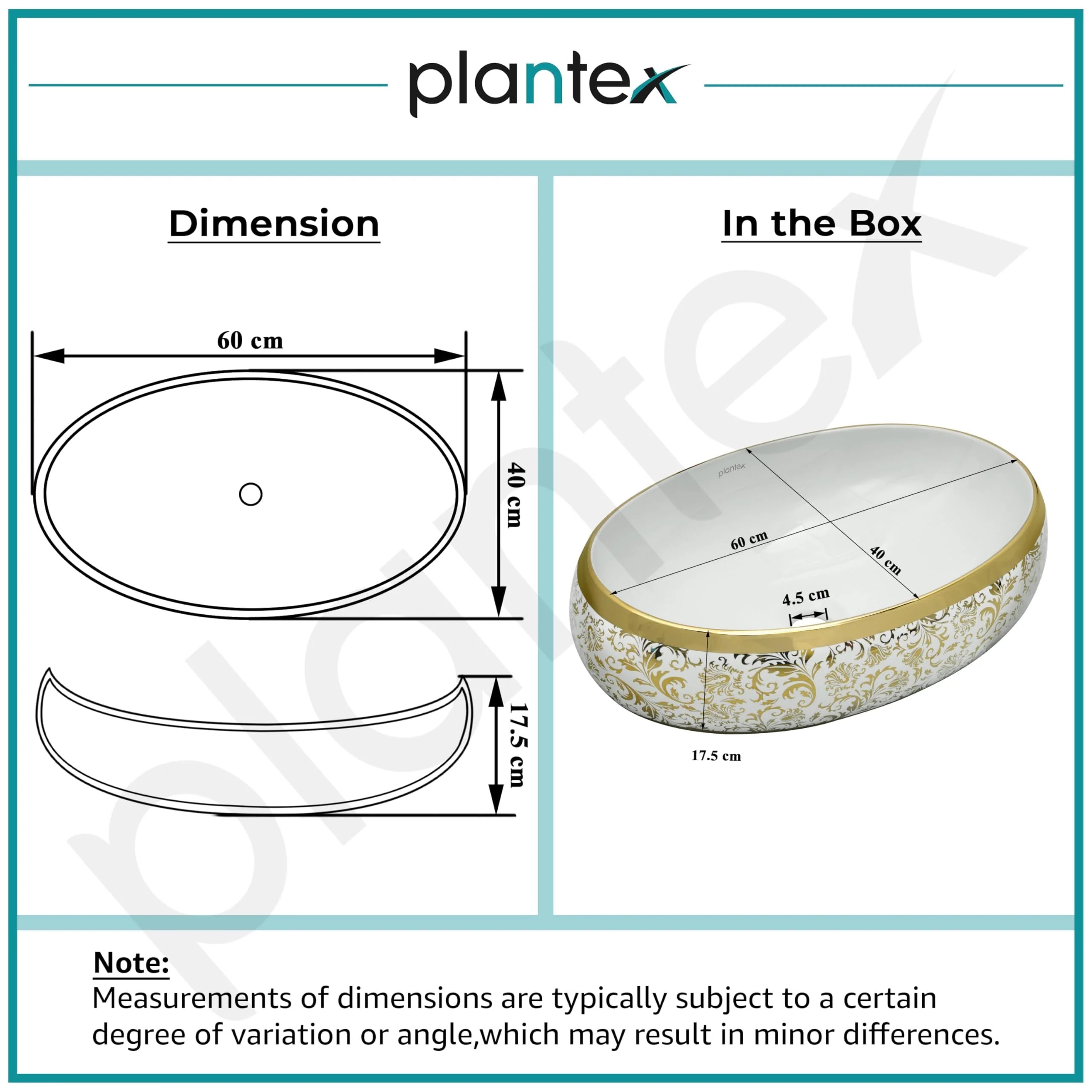 Plantex Wash Basin For Bathroom/Tabletop Designer Ceramic Basin/Countertop Vessel Sink Basin - Indo-European Collection - Pack of 1 (24 x 16 x 7 Inch) - Image 3