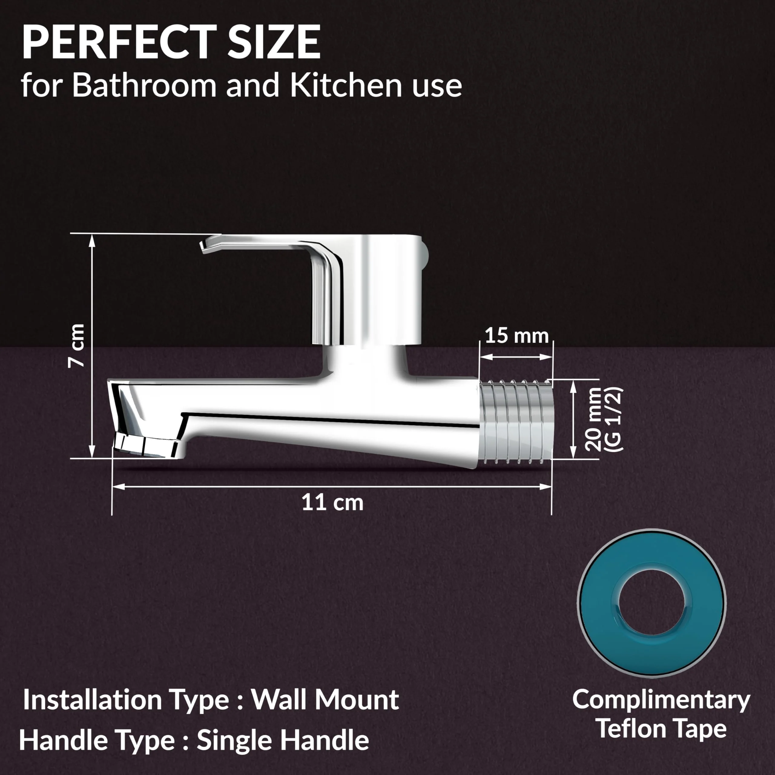 Plantex Water Tap for Bathroom with Water-Saving Tap/Wall Mount Bib Tap with Wall Flange and Teflon Tape/Basin Tap for Home (CRM-1281-Mirror Chrome Finish) - Image 4