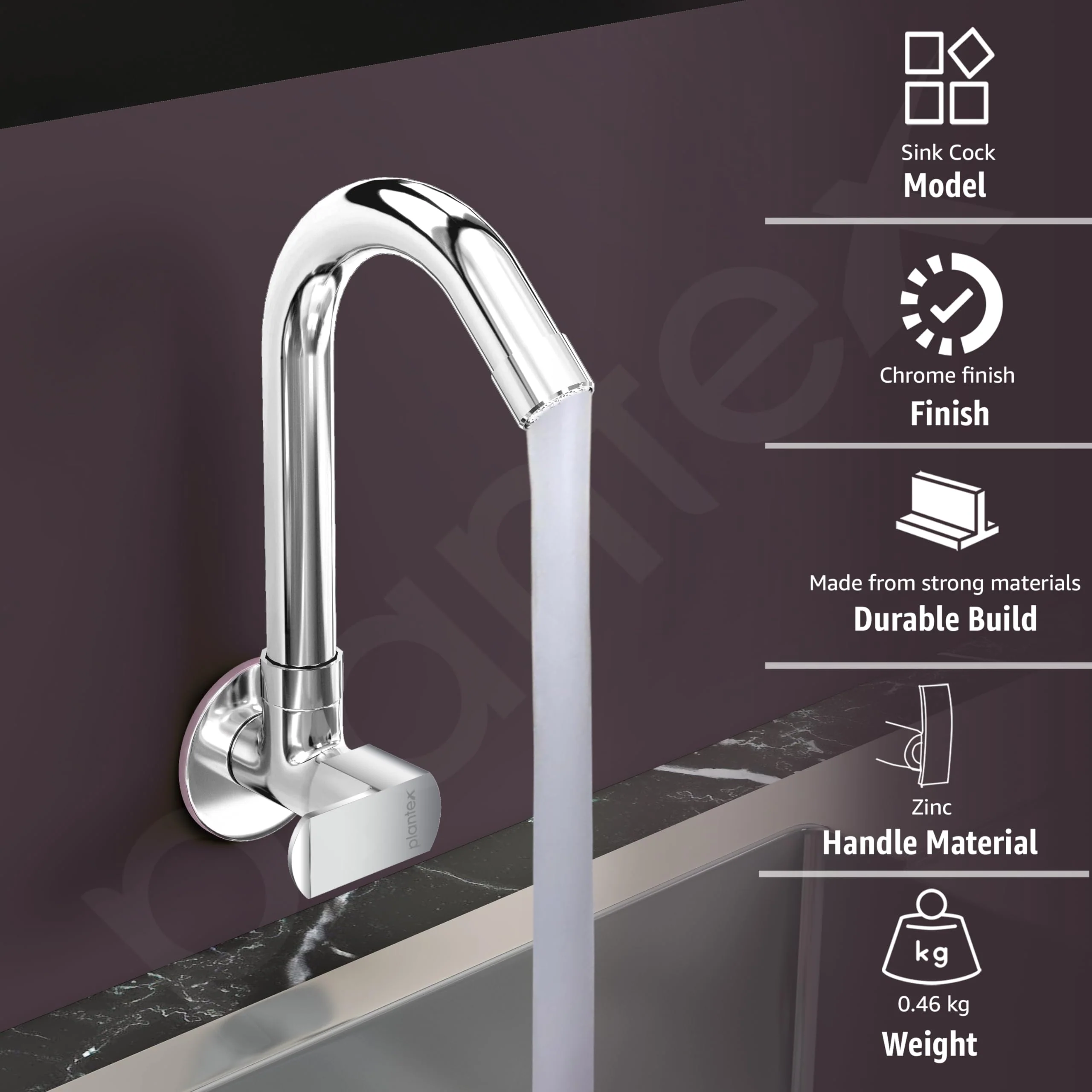 Plantex Water Tap for Kitchen Sink with Water Saving Aerator/Brass Spindle for Kitchen Sink Tap with Wall Flange -(CRM-1287-Chrome) - Image 2
