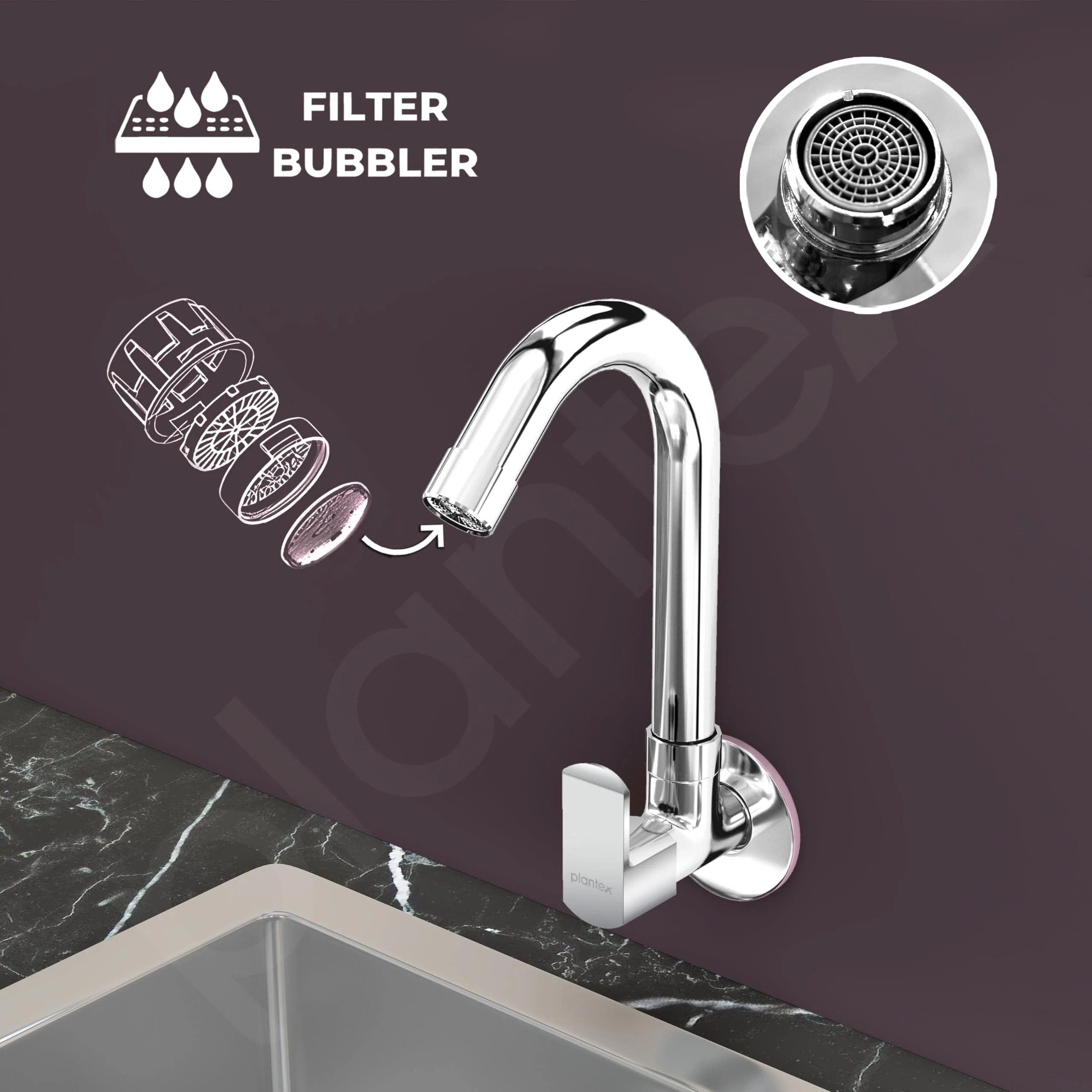 Plantex Water Tap for Kitchen Sink with Water Saving Aerator/Brass Spindle for Kitchen Sink Tap with Wall Flange -(CRM-1287-Chrome) - Image 4
