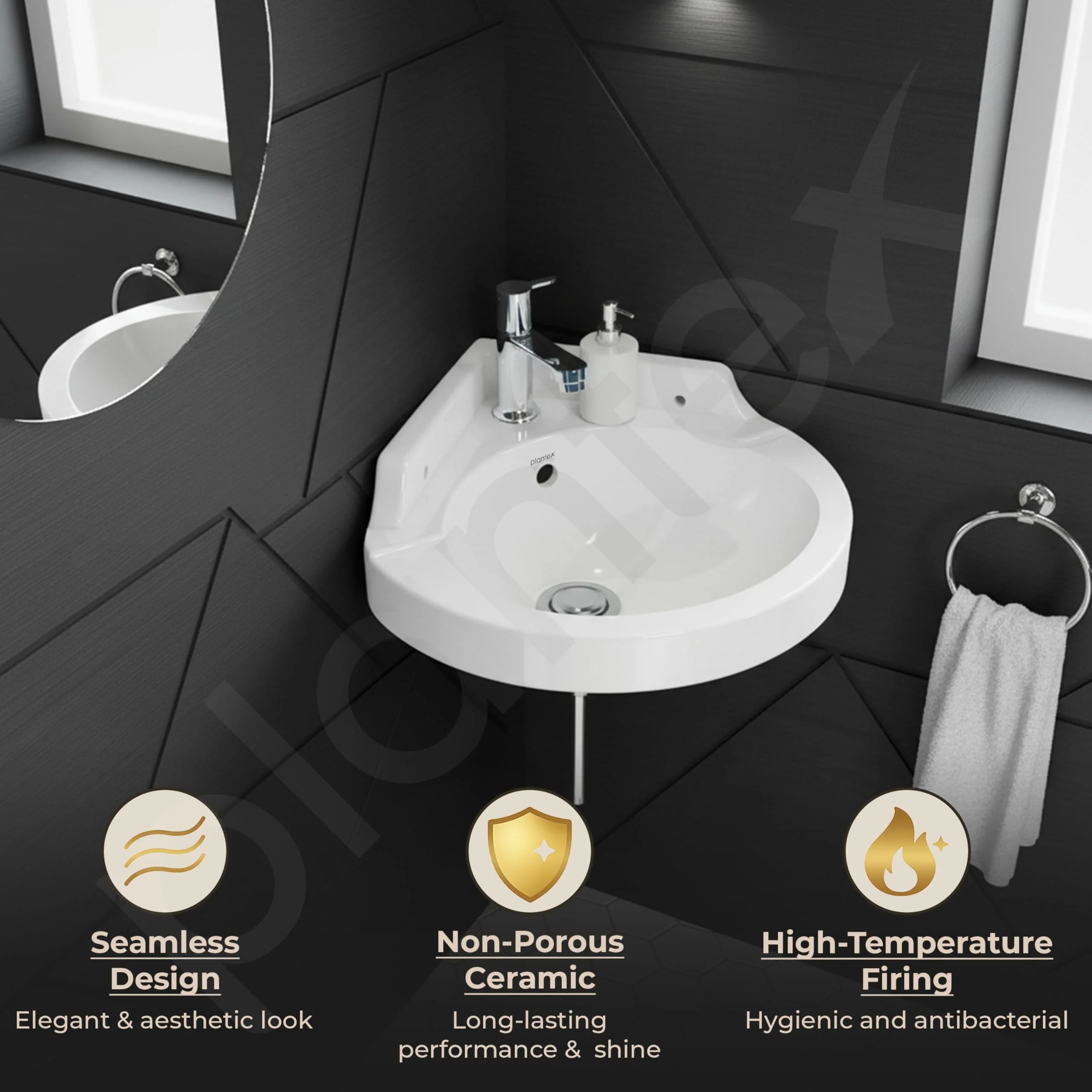 Plantex White Corner Wash Basin/Wall Mount Basin for Bathroom/Ceramic Tabletop Basin with 10 Years Glaze Warranty by Plantex/Small Corner Sink (Breva, 14.5 x 14.5 x 5 Inch) - Image 6